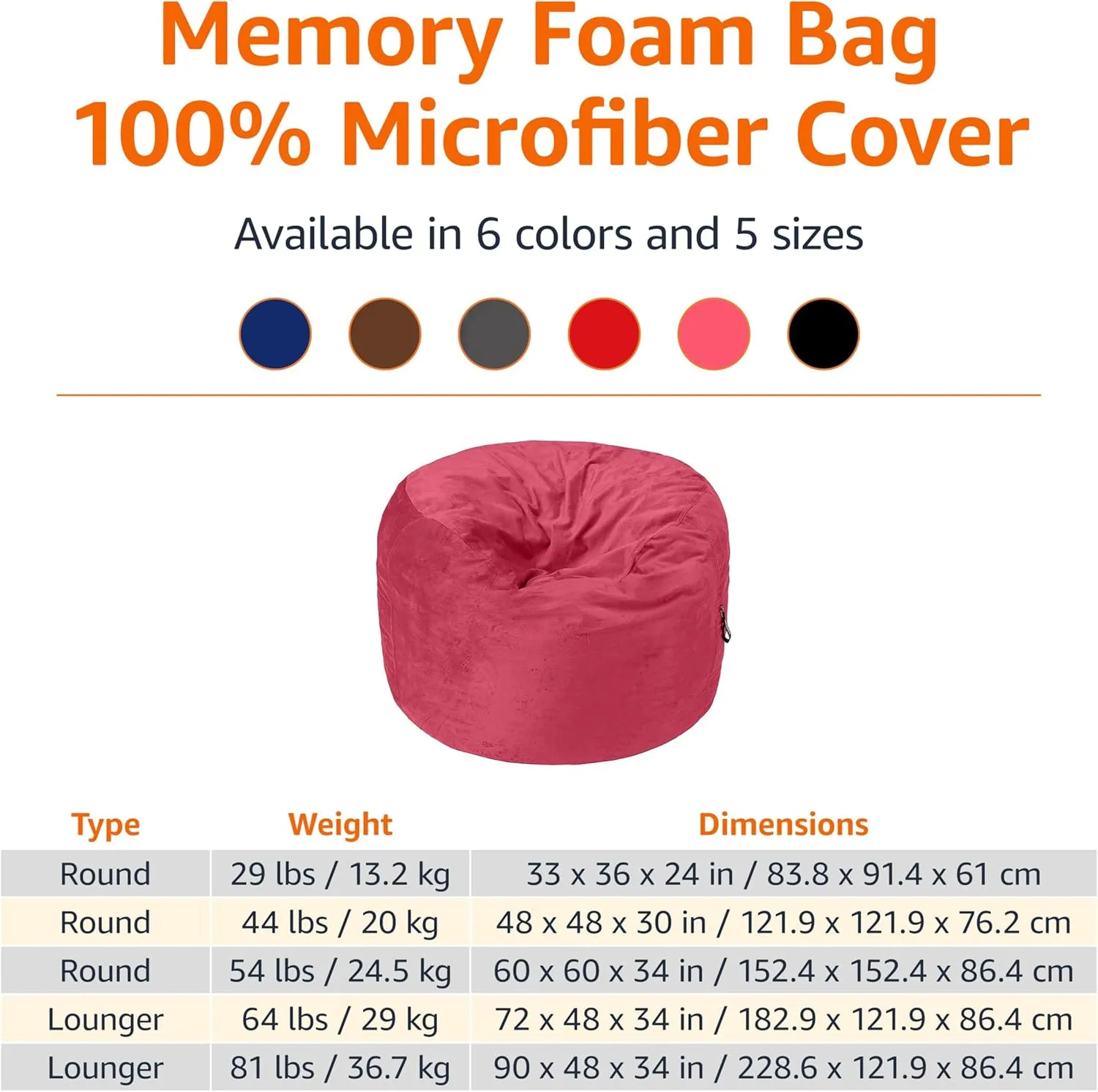 Amazon Basics Extra Large Bean Bag Chair Lounger, 4 ft Memory Foam Filled, Microfiber Cover, Solid Pink