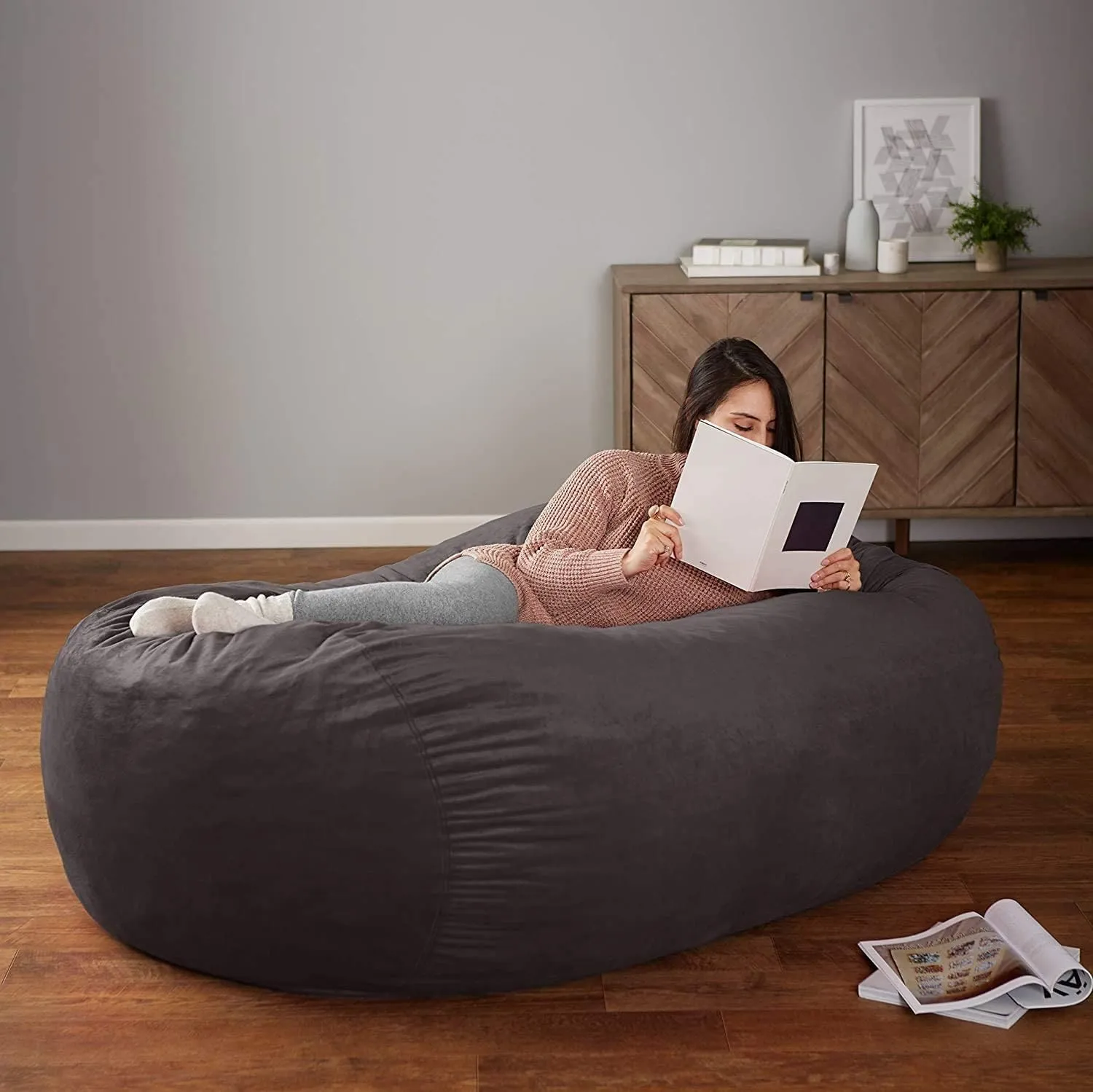 Amazon Basics Large Bean Bag Chairs for Adults, 6 ft Grey Memory Foam Filled with Solid Microfiber Cover