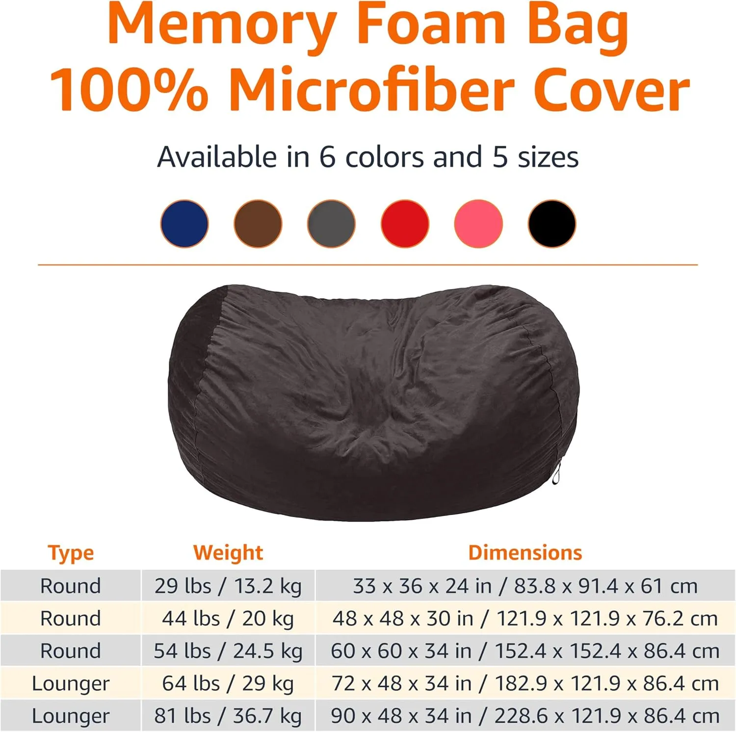 Amazon Basics Large Bean Bag Chairs for Adults, 6 ft Grey Memory Foam Filled with Solid Microfiber Cover