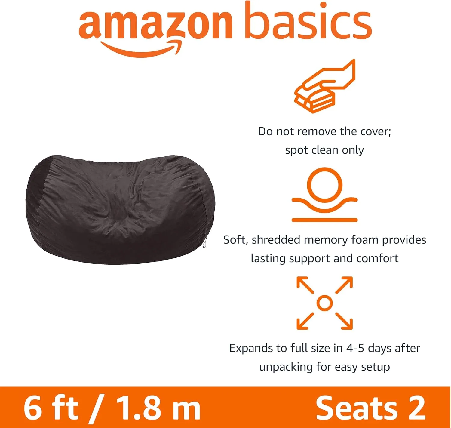 Amazon Basics Large Bean Bag Chairs for Adults, 6 ft Grey Memory Foam Filled with Solid Microfiber Cover