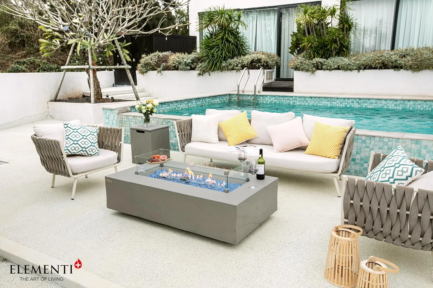 AMS Fireplace | Elementi | Firepit Table | Cover and Lava Rocks Included | Free Bio-Ethanol Tabletop (Fuel: Liquid Propane, Meteora)