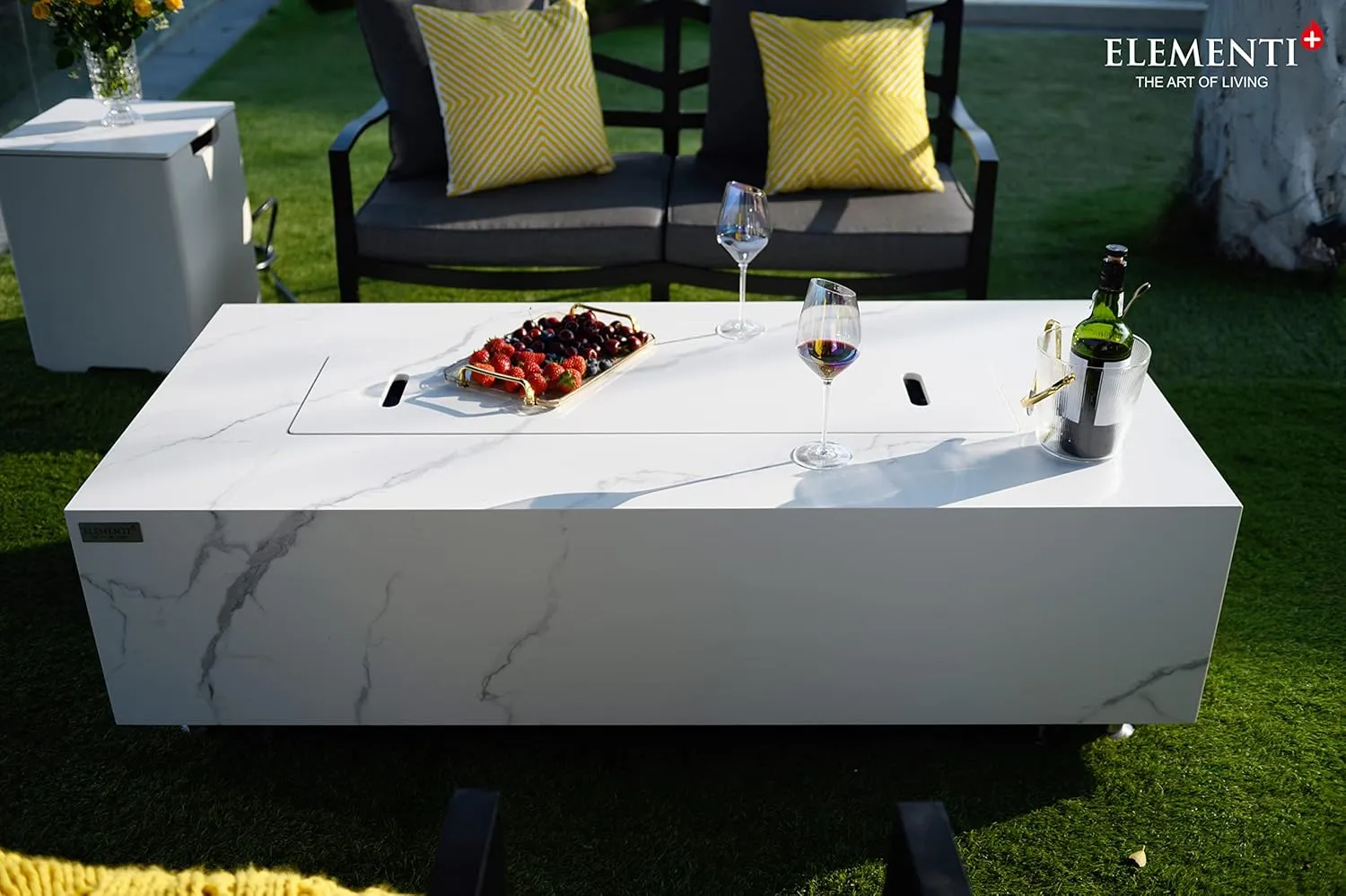 AMS Fireplace | Elementi | Firepit Table | Cover and Lava Rocks Included | Free Bio-Ethanol Tabletop (Fuel: Natural Gas, Carrara)