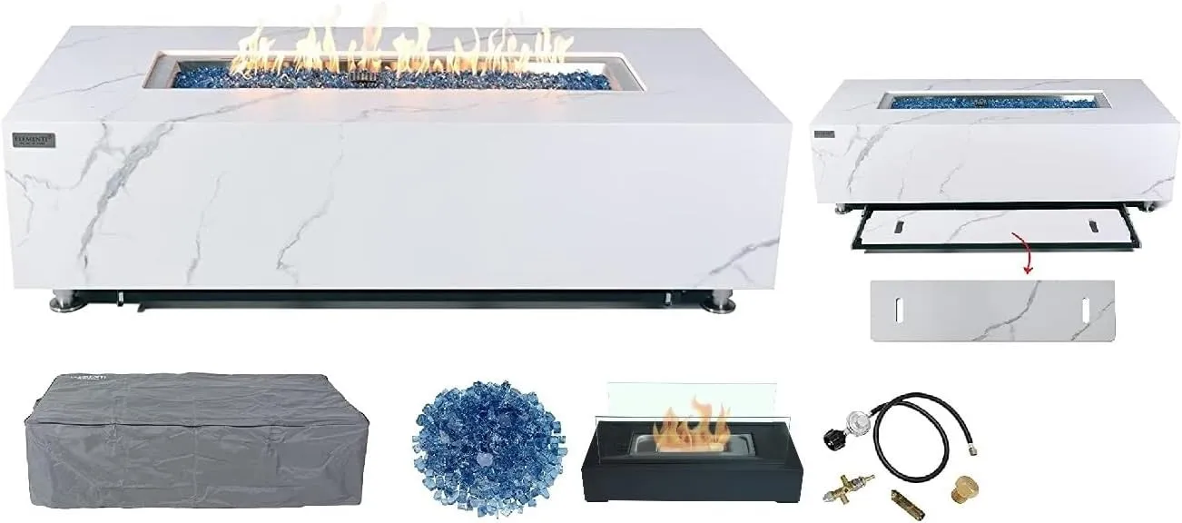 AMS Fireplace | Elementi | Firepit Table | Cover and Lava Rocks Included | Free Bio-Ethanol Tabletop (Fuel: Natural Gas, Carrara)