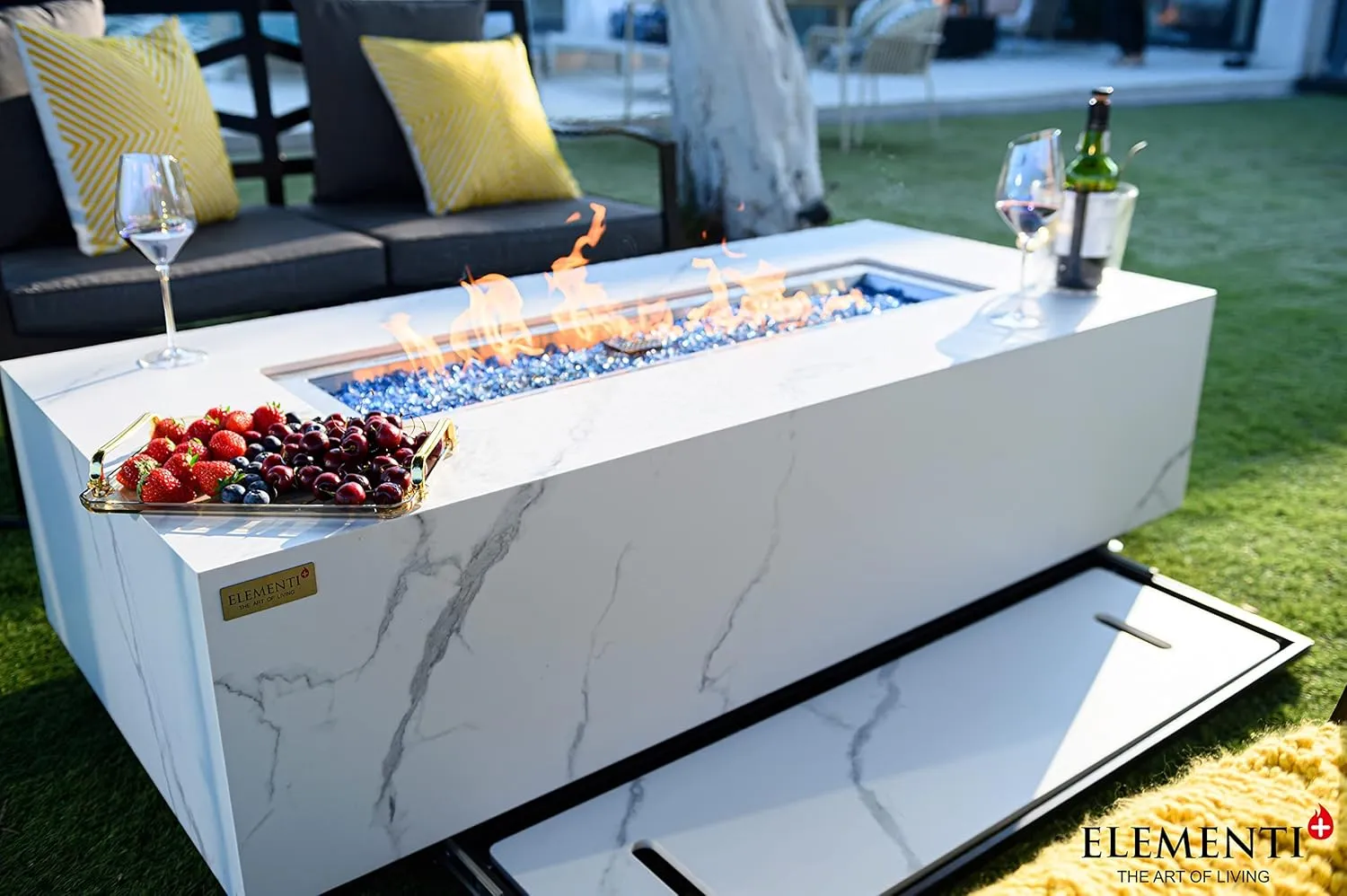 AMS Fireplace | Elementi | Firepit Table | Cover and Lava Rocks Included | Free Bio-Ethanol Tabletop (Fuel: Natural Gas, Carrara)