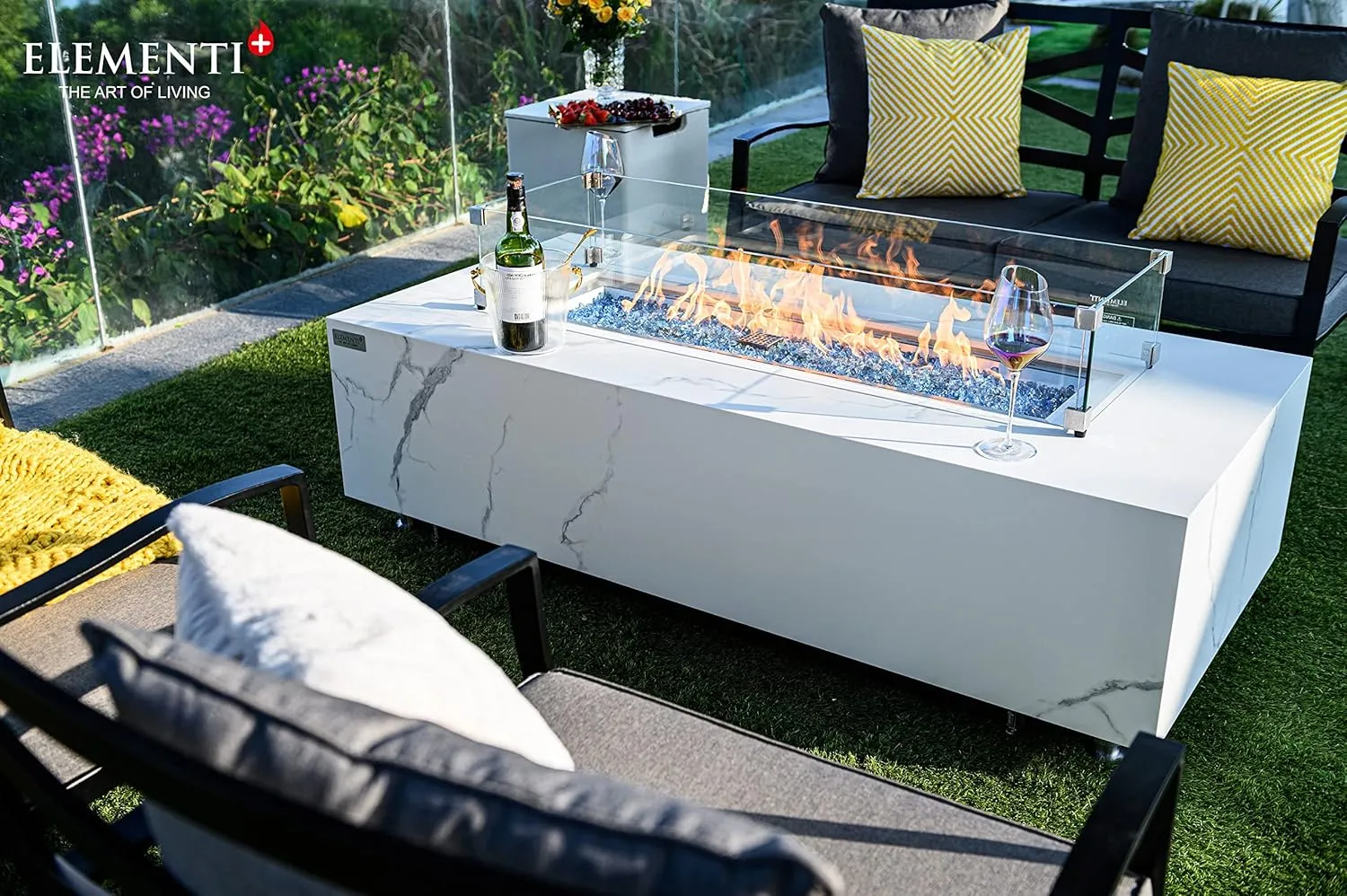 AMS Fireplace | Elementi | Firepit Table | Cover and Lava Rocks Included | Free Bio-Ethanol Tabletop (Fuel: Natural Gas, Carrara)