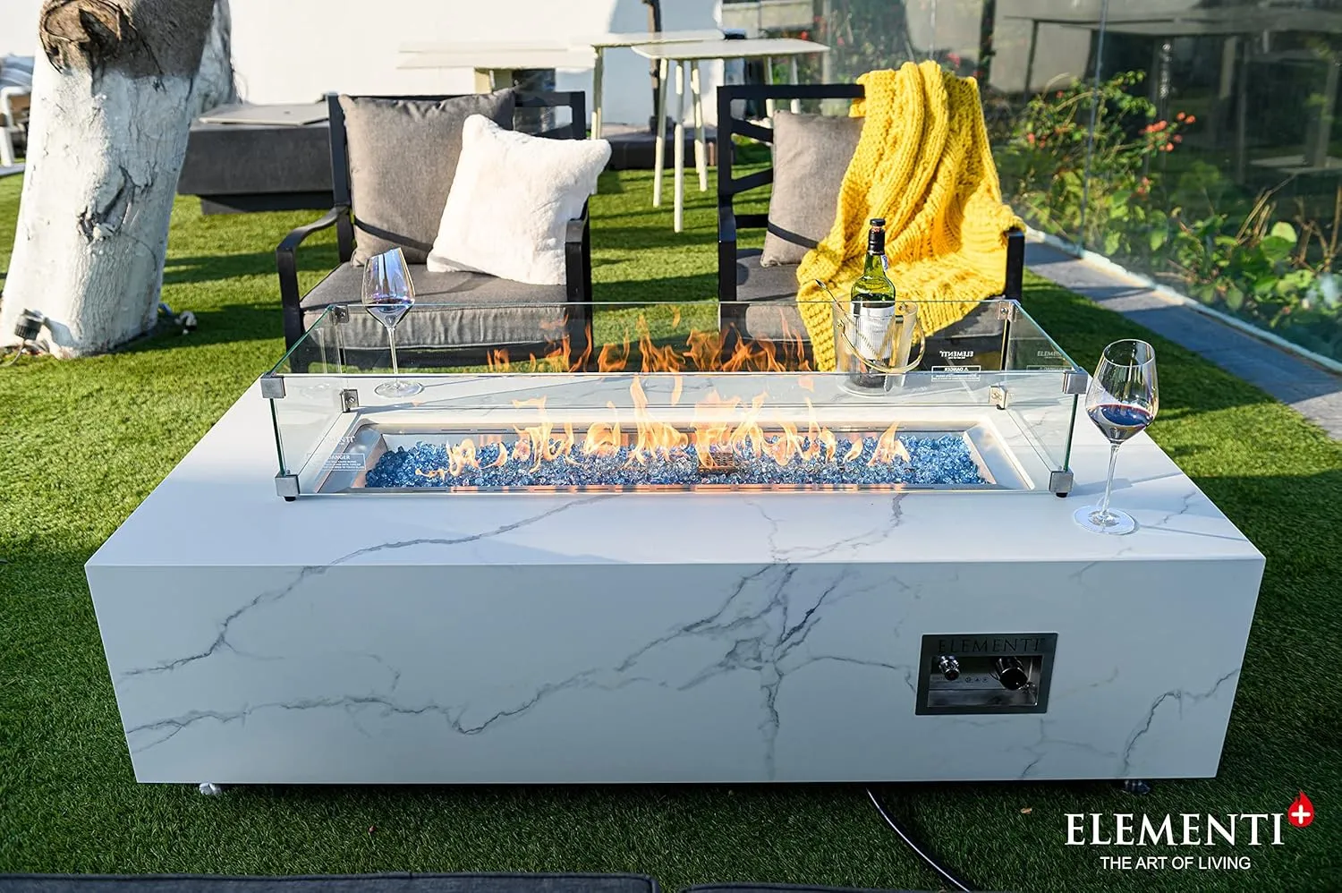 AMS Fireplace | Elementi | Firepit Table | Cover and Lava Rocks Included | Free Bio-Ethanol Tabletop (Fuel: Natural Gas, Carrara)