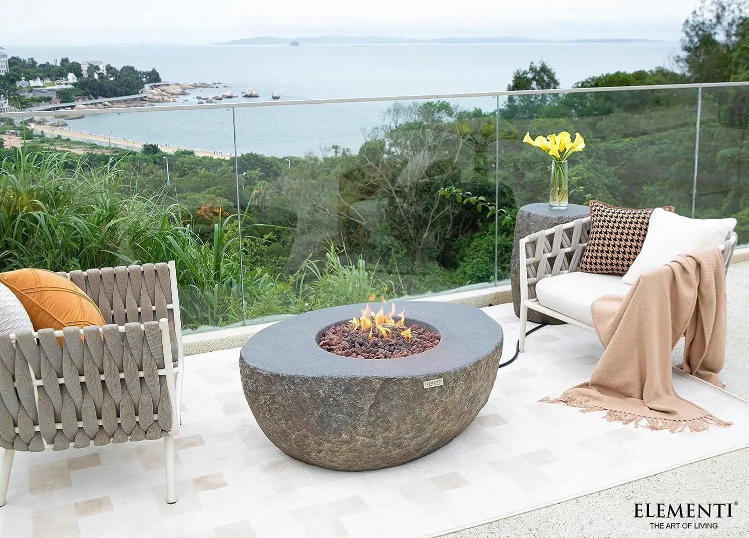 AMS Fireplace Elementi Rock Boulder Liquid Propane Gas Fire Pit Table for Outside Patio Bundle with Tank Cover, Wind Guard and SS Burner Lid | Free Rubber Mat, Ice Bucket and Counter-top Lantern