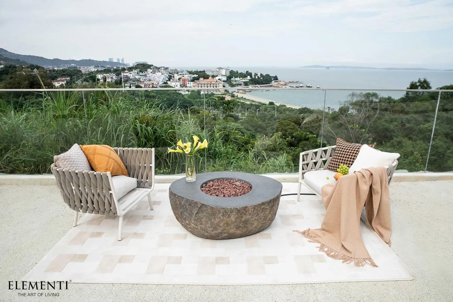 AMS Fireplace Elementi Rock Boulder Liquid Propane Gas Fire Pit Table for Outside Patio Bundle with Tank Cover, Wind Guard and SS Burner Lid | Free Rubber Mat, Ice Bucket and Counter-top Lantern