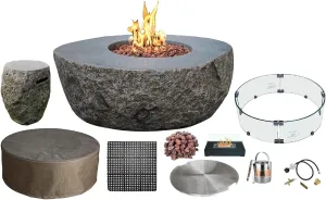 AMS Fireplace Elementi Rock Boulder Liquid Propane Gas Fire Pit Table for Outside Patio Bundle with Tank Cover, Wind Guard and SS Burner Lid | Free Rubber Mat, Ice Bucket and Counter-top Lantern
