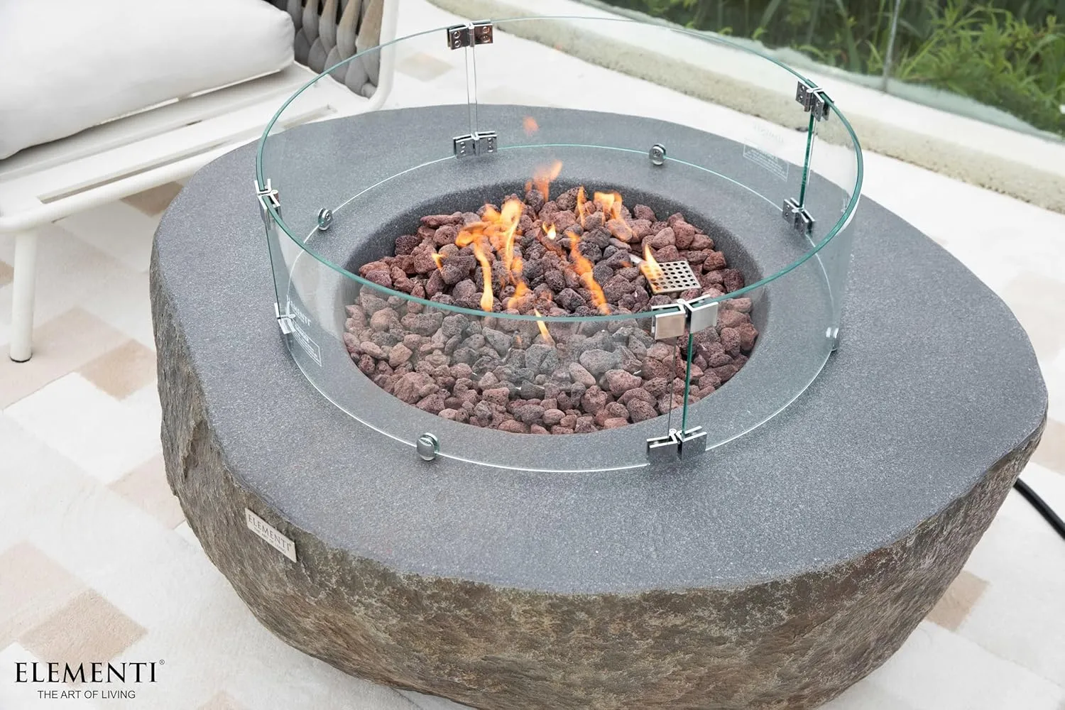 AMS Fireplace Elementi Rock Boulder Liquid Propane Gas Fire Pit Table for Outside Patio Bundle with Tank Cover, Wind Guard and SS Burner Lid | Free Rubber Mat, Ice Bucket and Counter-top Lantern