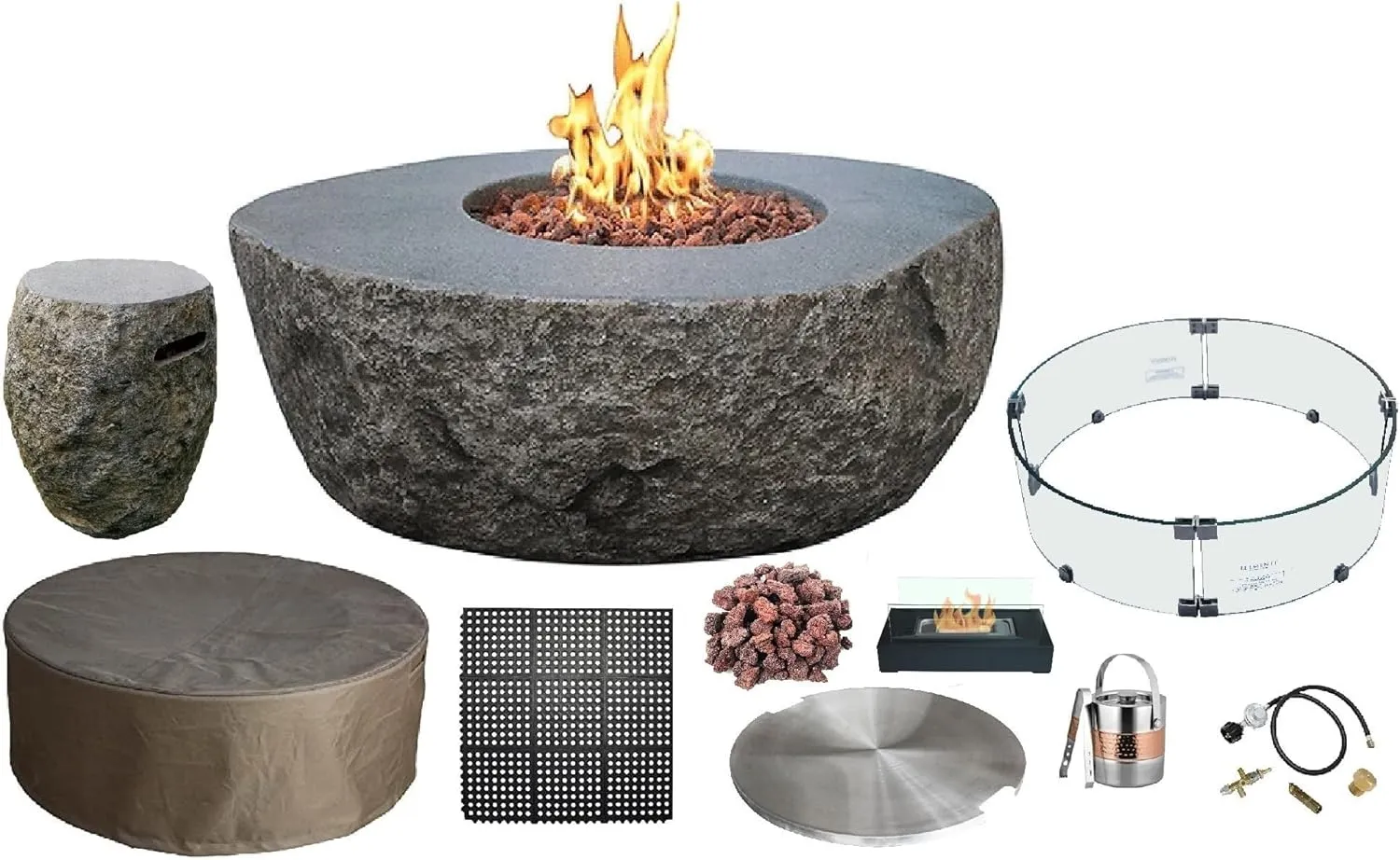 AMS Fireplace Elementi Rock Boulder Liquid Propane Gas Fire Pit Table for Outside Patio Bundle with Tank Cover, Wind Guard and SS Burner Lid | Free Rubber Mat, Ice Bucket and Counter-top Lantern