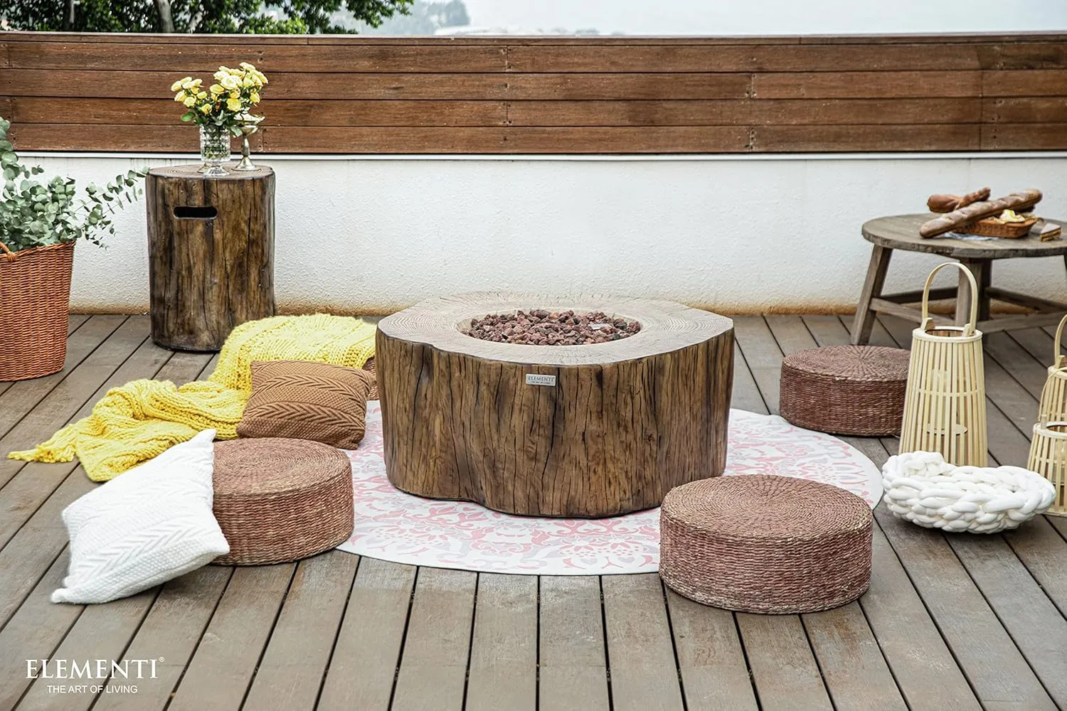 AMS Fireplace | Elementi | Round Propane Fire Pit Table for Outside Patio | Canvas Cover, Lava Rocks, & Gas Key Valve Included | Modern Outdoor Furniture. (Fuel: Liquid Propane, Manchester - Redwood)