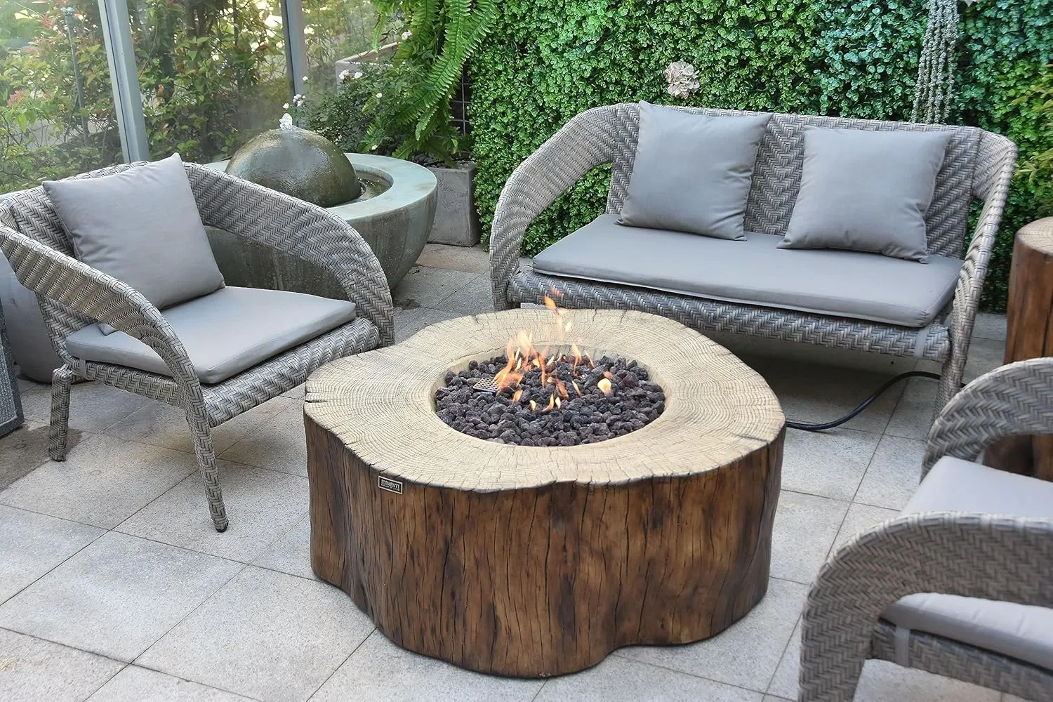 AMS Fireplace | Elementi | Round Propane Fire Pit Table for Outside Patio | Canvas Cover, Lava Rocks, & Gas Key Valve Included | Modern Outdoor Furniture. (Fuel: Liquid Propane, Manchester - Redwood)