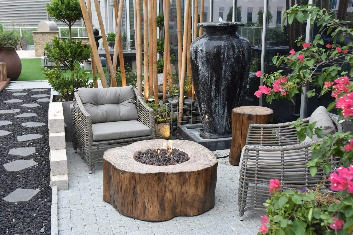 AMS Fireplace | Elementi | Round Propane Fire Pit Table for Outside Patio | Canvas Cover, Lava Rocks, & Gas Key Valve Included | Modern Outdoor Furniture. (Fuel: Liquid Propane, Manchester - Redwood)