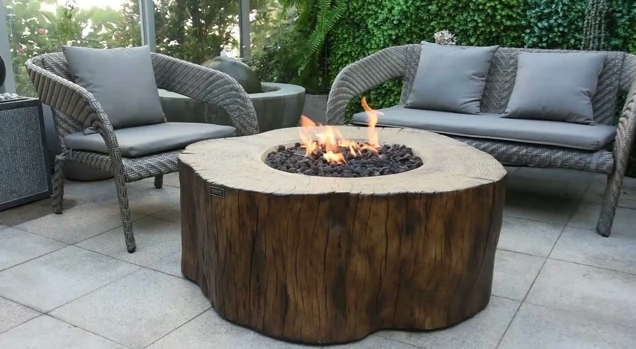 AMS Fireplace | Elementi | Round Propane Fire Pit Table for Outside Patio | Canvas Cover, Lava Rocks, & Gas Key Valve Included | Modern Outdoor Furniture. (Fuel: Liquid Propane, Manchester - Redwood)