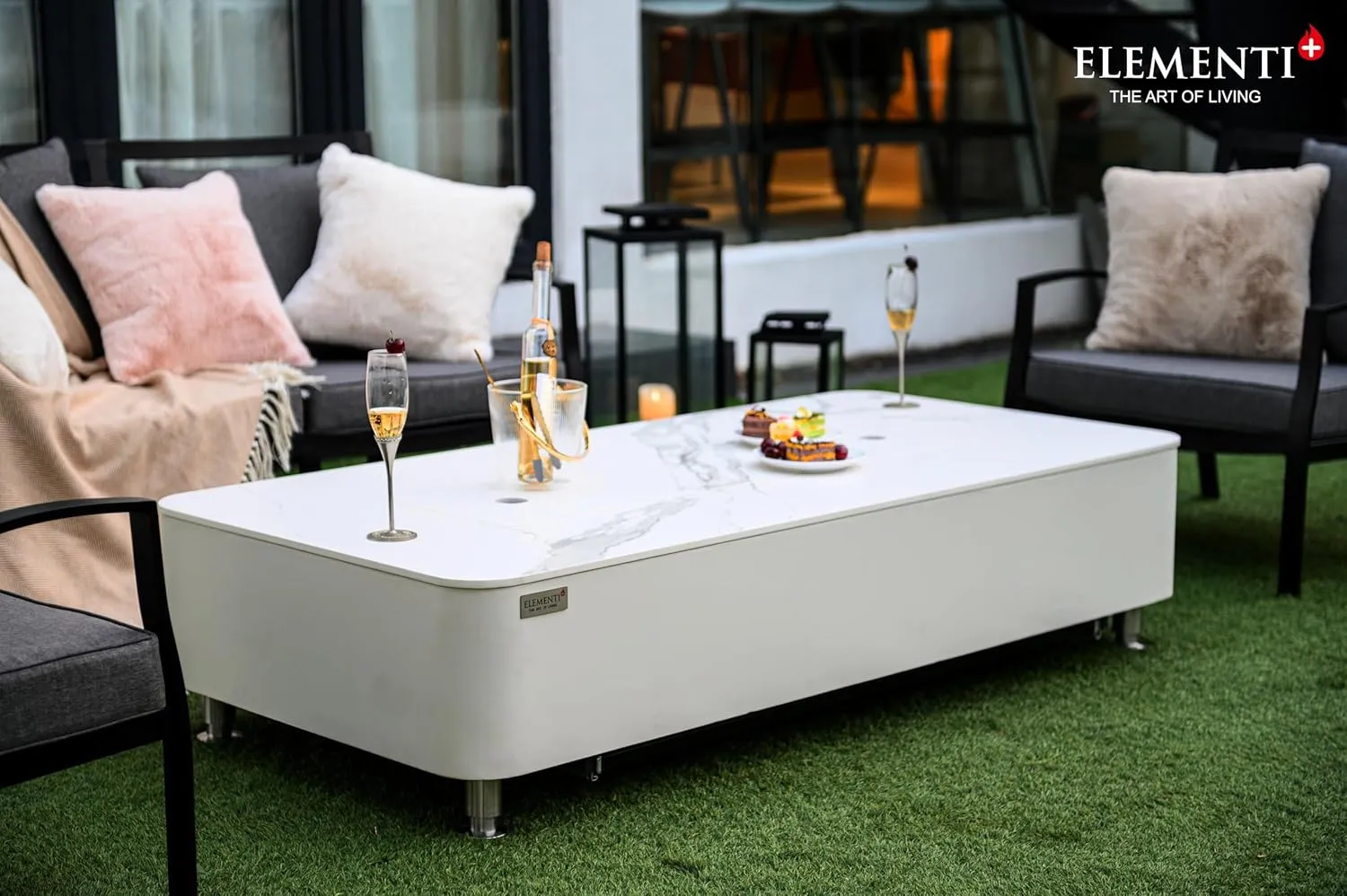 AMS Fireplace Elementi White Athens Natural Gas Fire Pit Table for Outside Patio Bundle with Wind Guard and SS Burner Lid | Free Rubber Mat, Ice Bucket and Counter-top Lantern