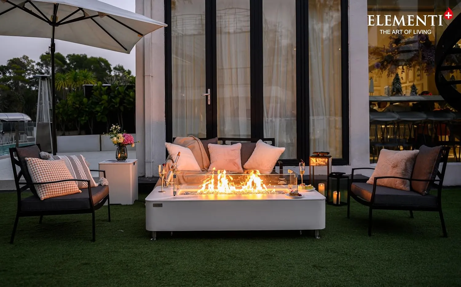 AMS Fireplace Elementi White Athens Natural Gas Fire Pit Table for Outside Patio Bundle with Wind Guard and SS Burner Lid | Free Rubber Mat, Ice Bucket and Counter-top Lantern
