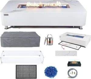 AMS Fireplace Elementi White Athens Natural Gas Fire Pit Table for Outside Patio Bundle with Wind Guard and SS Burner Lid | Free Rubber Mat, Ice Bucket and Counter-top Lantern