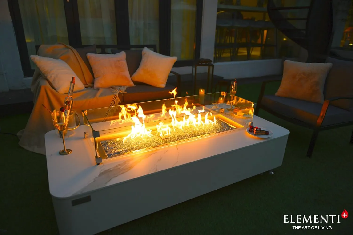 AMS Fireplace Elementi White Athens Natural Gas Fire Pit Table for Outside Patio Bundle with Wind Guard and SS Burner Lid | Free Rubber Mat, Ice Bucket and Counter-top Lantern