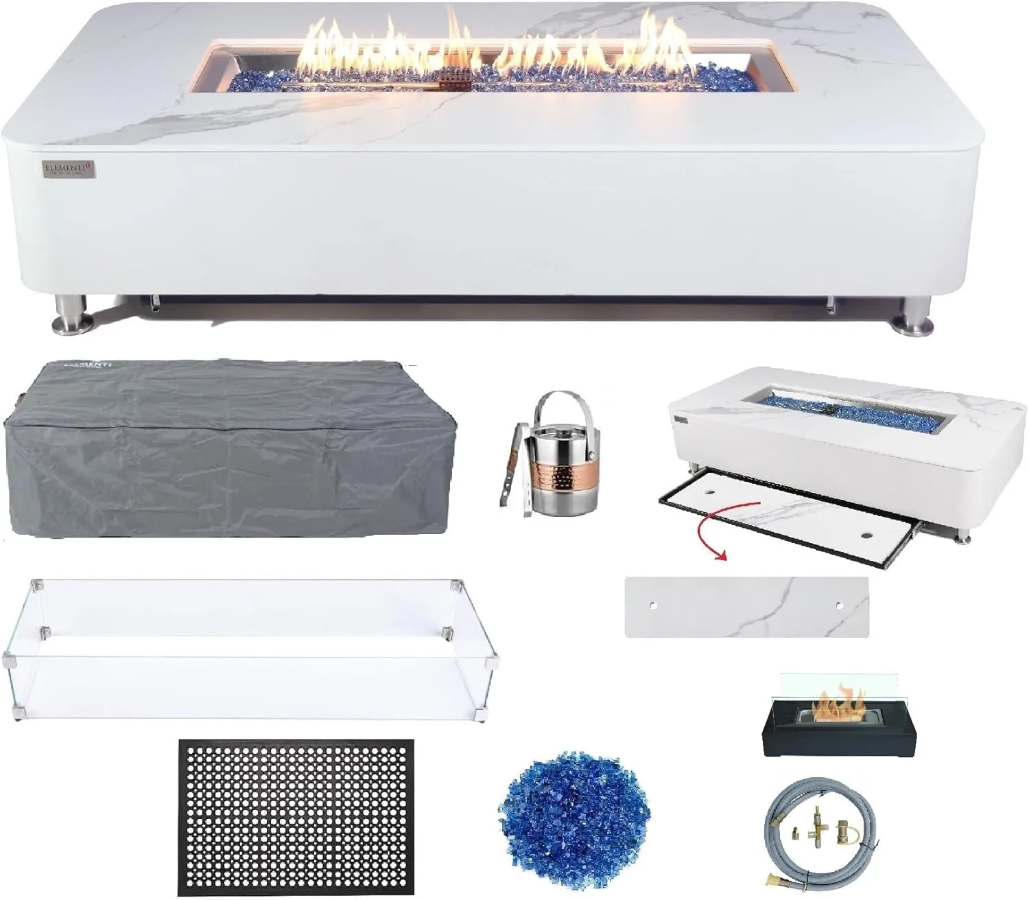 AMS Fireplace Elementi White Athens Natural Gas Fire Pit Table for Outside Patio Bundle with Wind Guard and SS Burner Lid | Free Rubber Mat, Ice Bucket and Counter-top Lantern