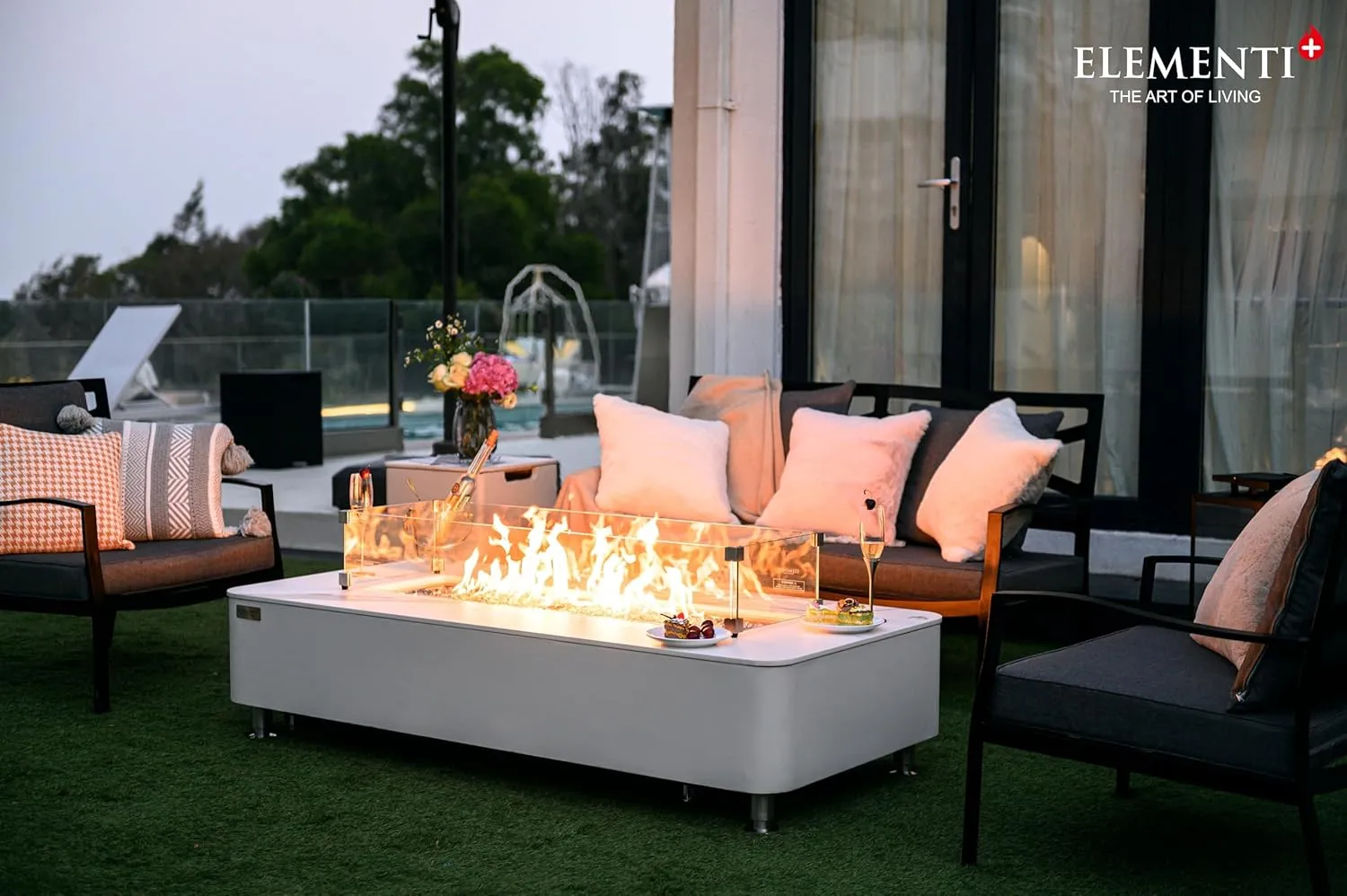 AMS Fireplace Elementi White Athens Natural Gas Fire Pit Table for Outside Patio Bundle with Wind Guard and SS Burner Lid | Free Rubber Mat, Ice Bucket and Counter-top Lantern