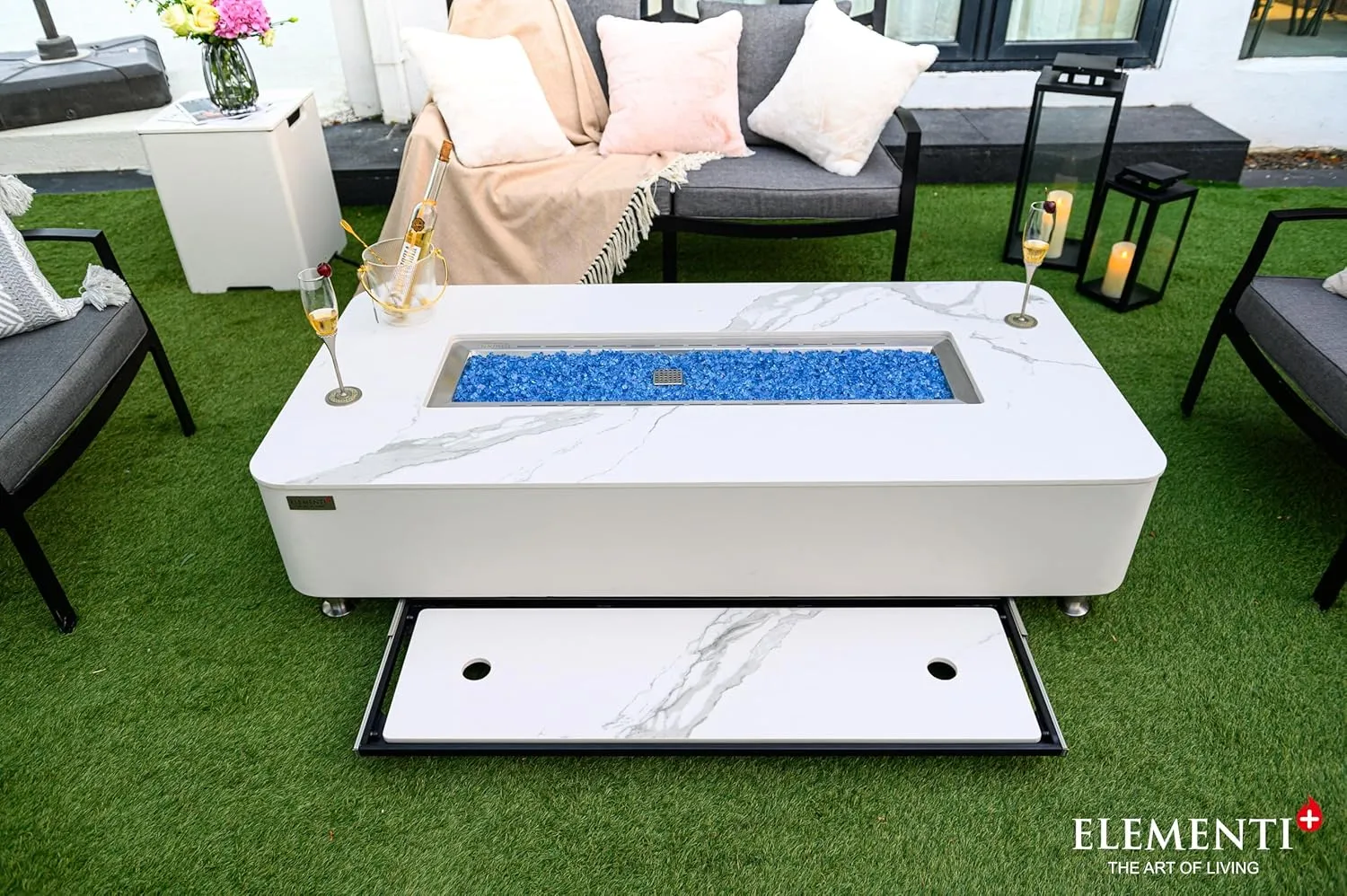 AMS Fireplace Elementi White Athens Natural Gas Fire Pit Table for Outside Patio Bundle with Wind Guard and SS Burner Lid | Free Rubber Mat, Ice Bucket and Counter-top Lantern