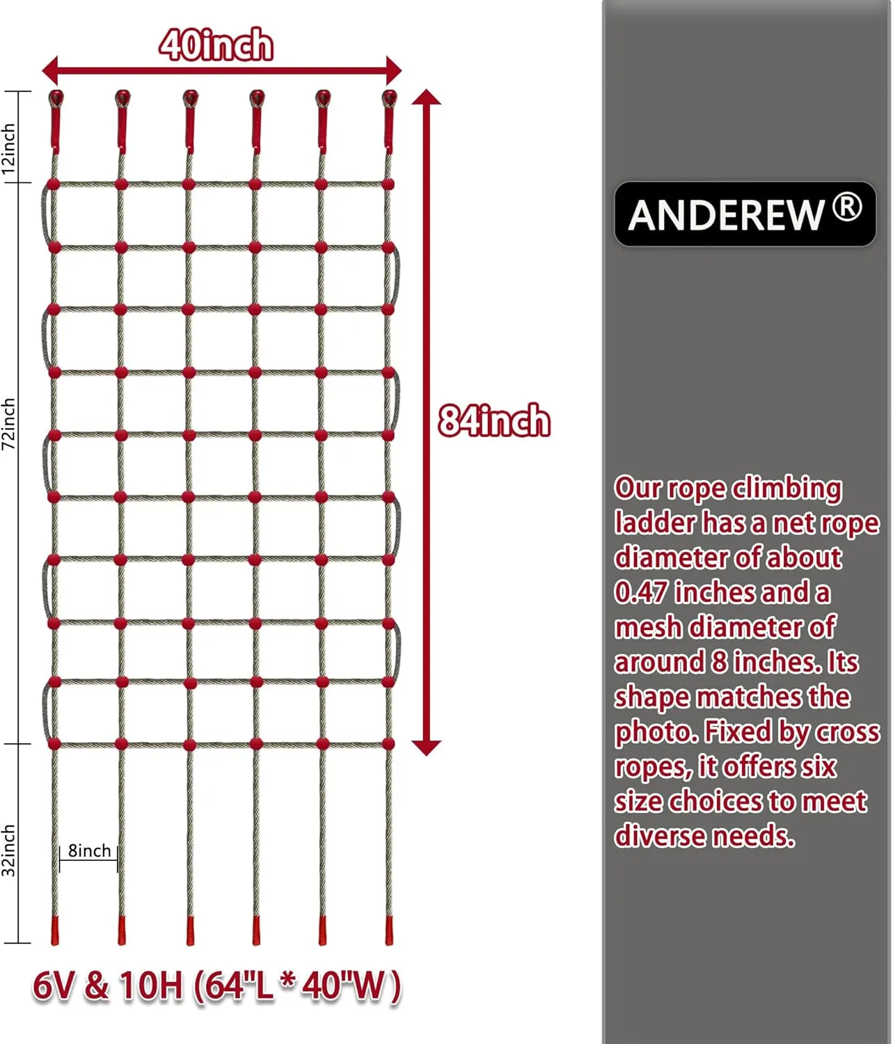 ANDEREW Premium Heavy-Duty Climbing Net & Rope Ladder - 6 Sizes, Versatile for Indoor/Outdoor, Kids' Jungle Gyms, Swingset, Treehouse, Safety Protection Net (5V & 12H (100" L x 32" W))