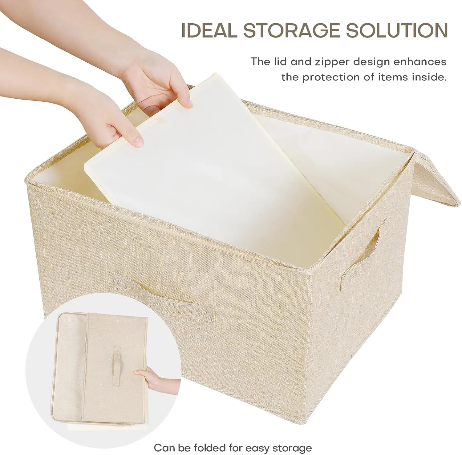 ANMINY 3PCS Storage Bins with Zipper Lids 51.9 Qt Lidded Fabric Storage Boxes Baskets Cubes with Handles Collapsible Washable Cotton Linen Closet Shelf Clothes Organizer - Beige, Extra Large
