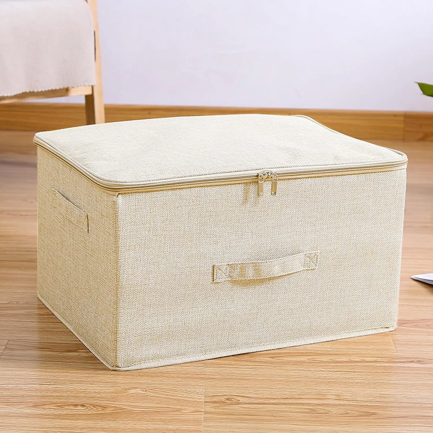 ANMINY 3PCS Storage Bins with Zipper Lids 51.9 Qt Lidded Fabric Storage Boxes Baskets Cubes with Handles Collapsible Washable Cotton Linen Closet Shelf Clothes Organizer - Beige, Extra Large