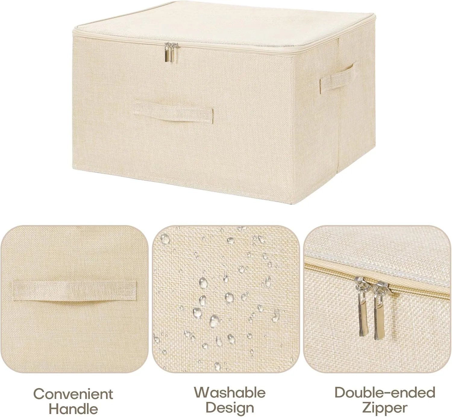 ANMINY 3PCS Storage Bins with Zipper Lids 51.9 Qt Lidded Fabric Storage Boxes Baskets Cubes with Handles Collapsible Washable Cotton Linen Closet Shelf Clothes Organizer - Beige, Extra Large