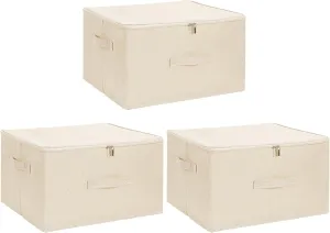 ANMINY 3PCS Storage Bins with Zipper Lids 51.9 Qt Lidded Fabric Storage Boxes Baskets Cubes with Handles Collapsible Washable Cotton Linen Closet Shelf Clothes Organizer - Beige, Extra Large