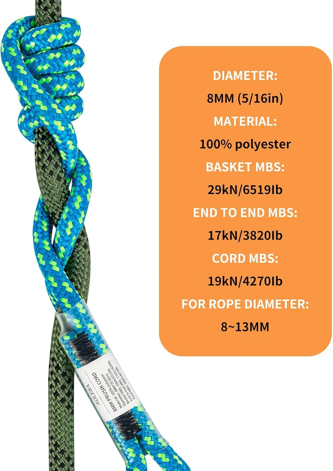 AOLEBA 8MM (5/16") Prusik Cord, Pre-Sewn Eye-to-Eye Prusik Loop, Safety Climbing Aider Gear for Arborist Rescue Mountaineering, Friction Hitch Cord Climbing Sticks for Outdoor 30 Inches