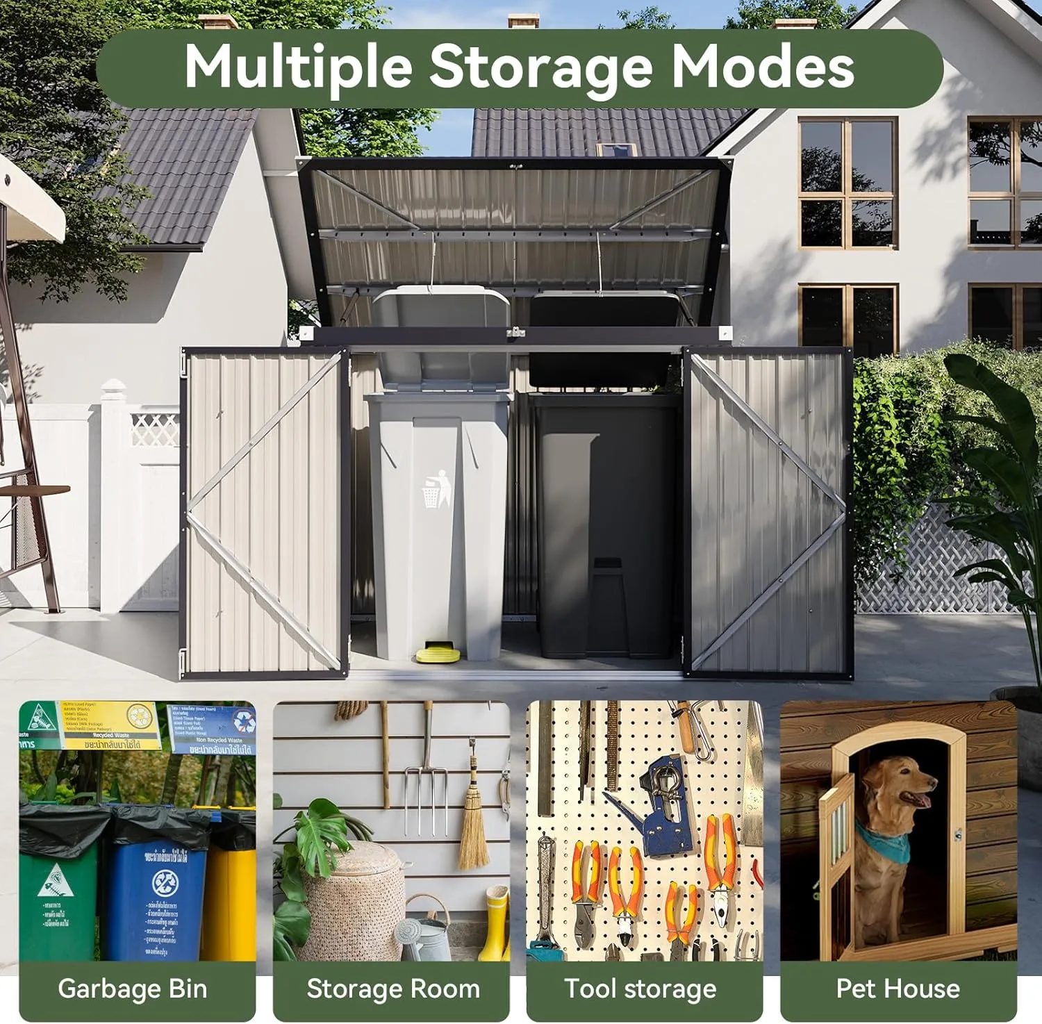 Aoxun 3.3' x 5.6' Metal Storage Shed - Waterproof Outdoor Garbage Can Organizer with Chain Lid, Ideal for Trash Bins, Toys, Garden Tools - Perfect for Garden, Backyard, & Patio Use