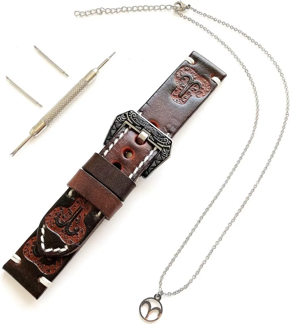 Aries Zodiac Set Genuine Brown Leather 22mm Tooled Embossed Crafted Band Strap Bracelet Watch Kit for Watches and 25" Inch Pendant Necklace