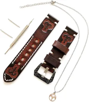 Aries Zodiac Set Genuine Brown Leather 22mm Tooled Embossed Crafted Band Strap Bracelet Watch Kit for Watches and 25" Inch Pendant Necklace