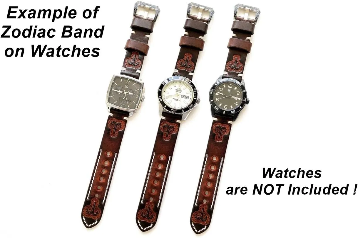 Aries Zodiac Set Genuine Brown Leather 22mm Tooled Embossed Crafted Band Strap Bracelet Watch Kit for Watches and 25" Inch Pendant Necklace