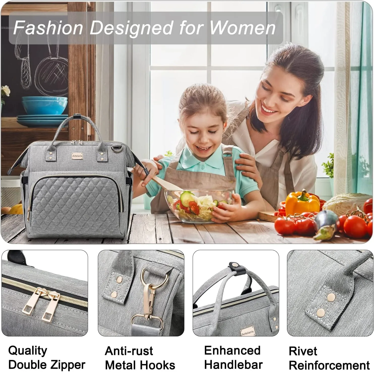 Artelaris Women's Insulated Lunch Box, Adults Large Cooler Tote, Leakproof Reusable Lunch Bag in Grey