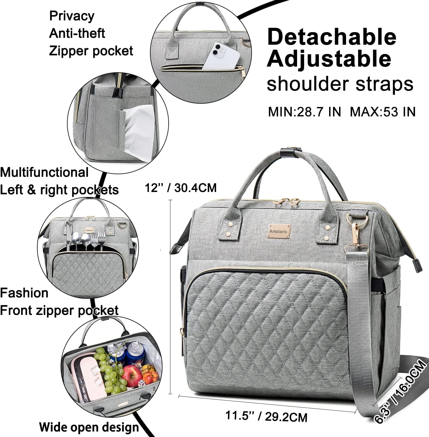 Artelaris Women's Insulated Lunch Box, Adults Large Cooler Tote, Leakproof Reusable Lunch Bag in Grey