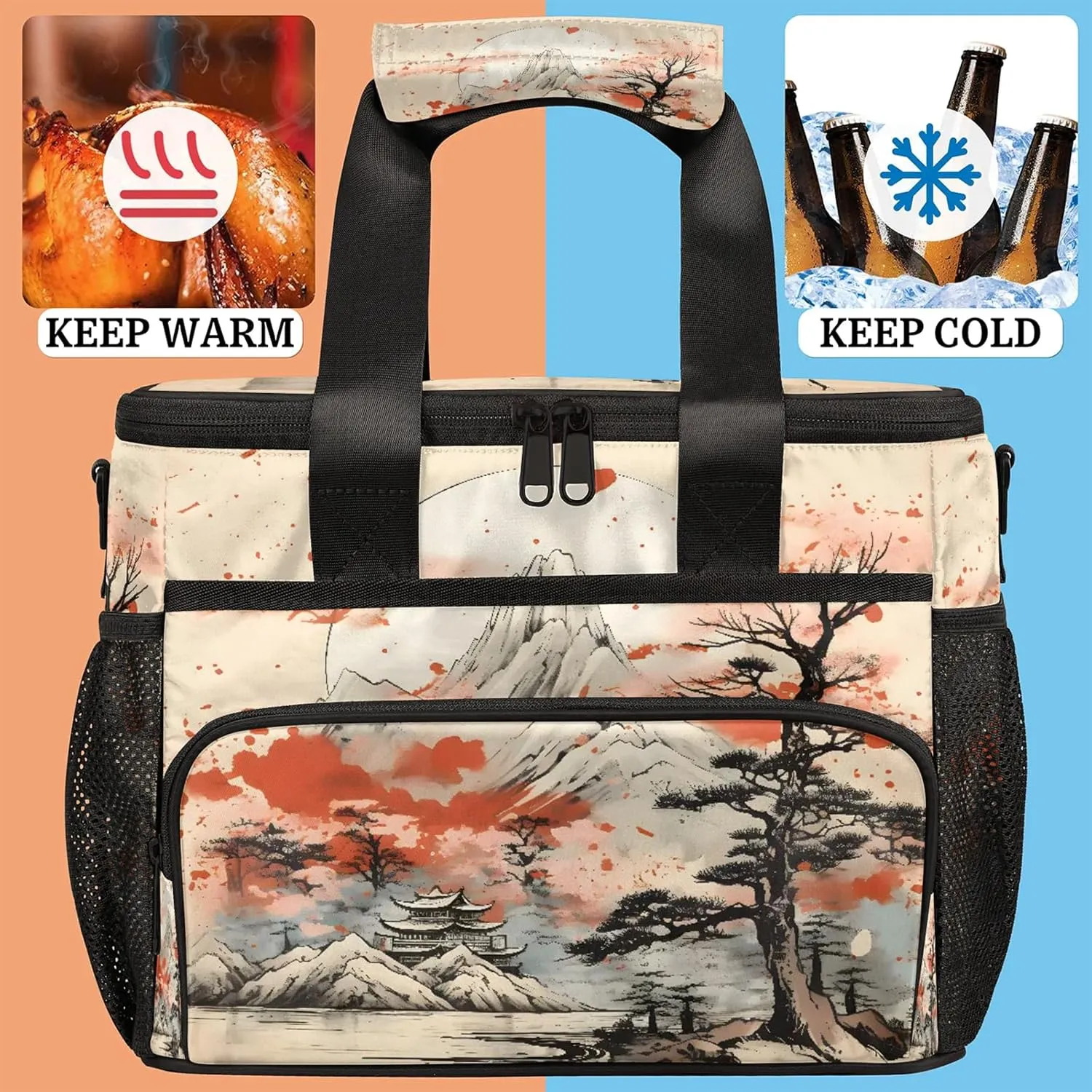 Asian Japanese Chinese Insulated Large Lunch Bag Lunchbox Reusable Leakproof Cooler Bags with Shoulder Strap for Adult Men Women Work Picnic