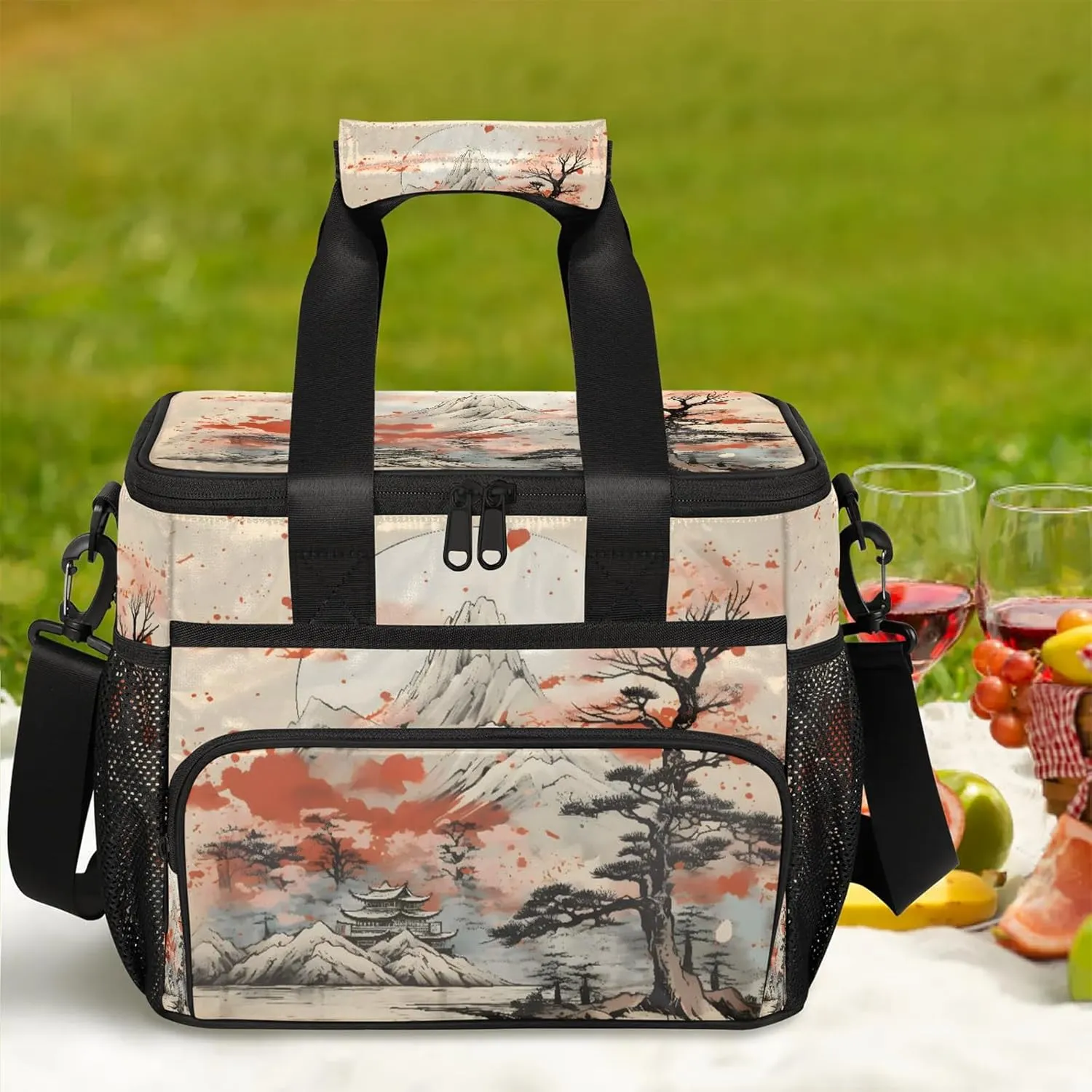 Asian Japanese Chinese Insulated Large Lunch Bag Lunchbox Reusable Leakproof Cooler Bags with Shoulder Strap for Adult Men Women Work Picnic