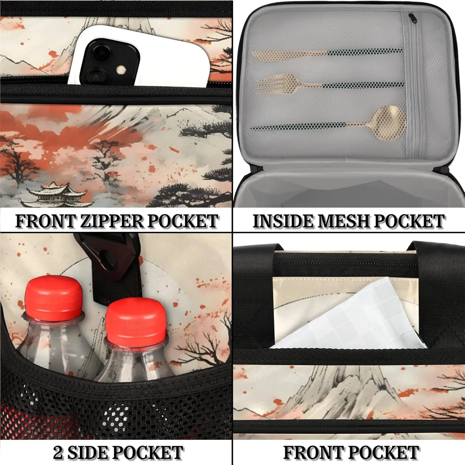 Asian Japanese Chinese Insulated Large Lunch Bag Lunchbox Reusable Leakproof Cooler Bags with Shoulder Strap for Adult Men Women Work Picnic