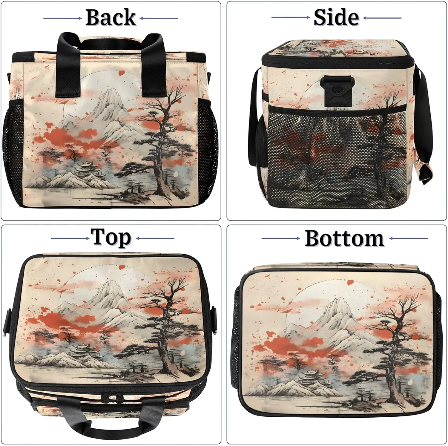 Asian Japanese Chinese Insulated Large Lunch Bag Lunchbox Reusable Leakproof Cooler Bags with Shoulder Strap for Adult Men Women Work Picnic
