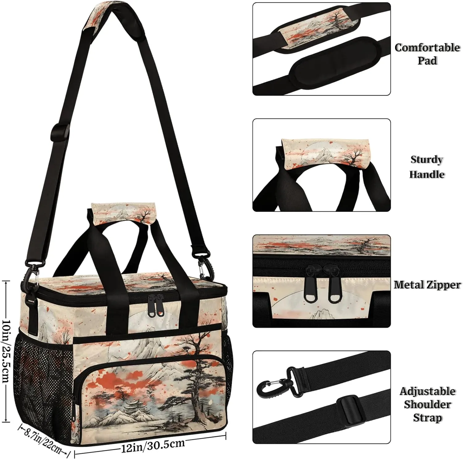 Asian Japanese Chinese Insulated Large Lunch Bag Lunchbox Reusable Leakproof Cooler Bags with Shoulder Strap for Adult Men Women Work Picnic