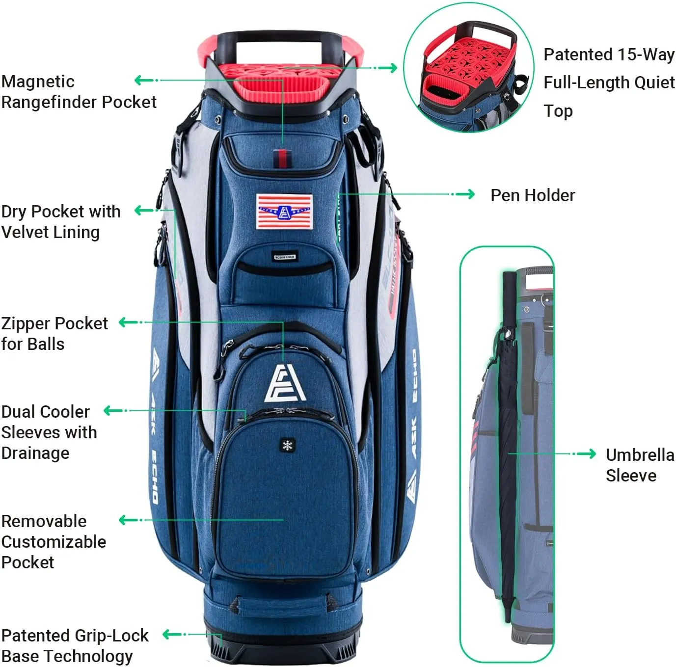 ASK ECHO 2024 SLC-130 Golf Cart Bag with 15 Way Full Length Dividers Top, Premium Soundless Golf Cart Bag with Rain Cover for Men