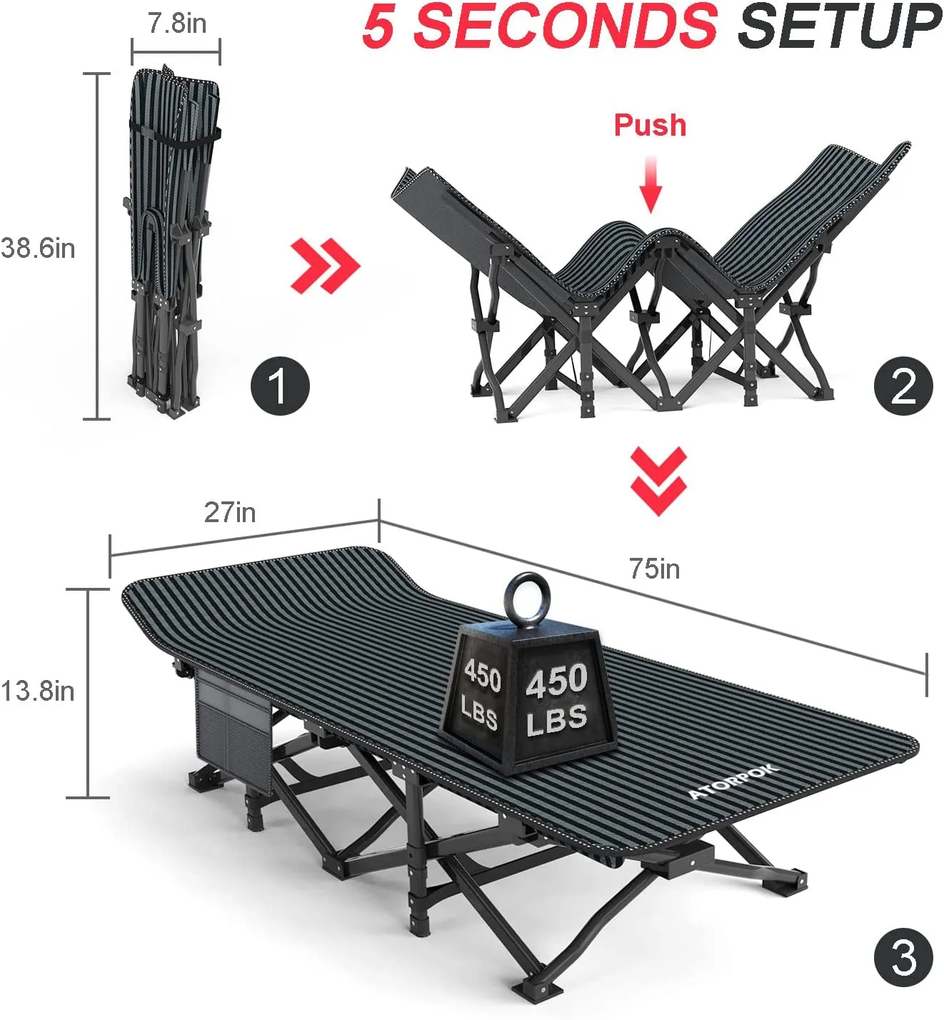 ATORPOK Camping Cot for Adults with Cushion Comfortable, Tent Folding Cot for Sleeping, Lightweight Folding Bed with Carry Bag for Kids Supports 450 lbs