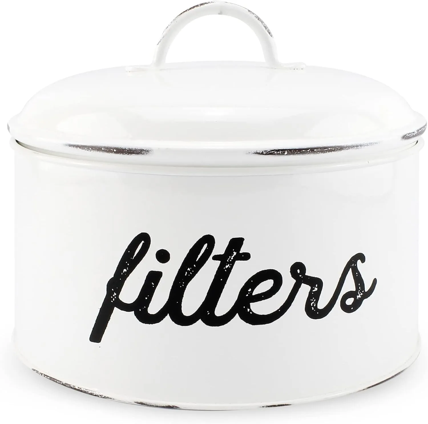 AuldHome Design Basket Coffee Filter Holder, White Enamel Filter Storage Container in Rustic Farmhouse Distressed Enamelware Design