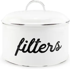 AuldHome Design Basket Coffee Filter Holder, White Enamel Filter Storage Container in Rustic Farmhouse Distressed Enamelware Design