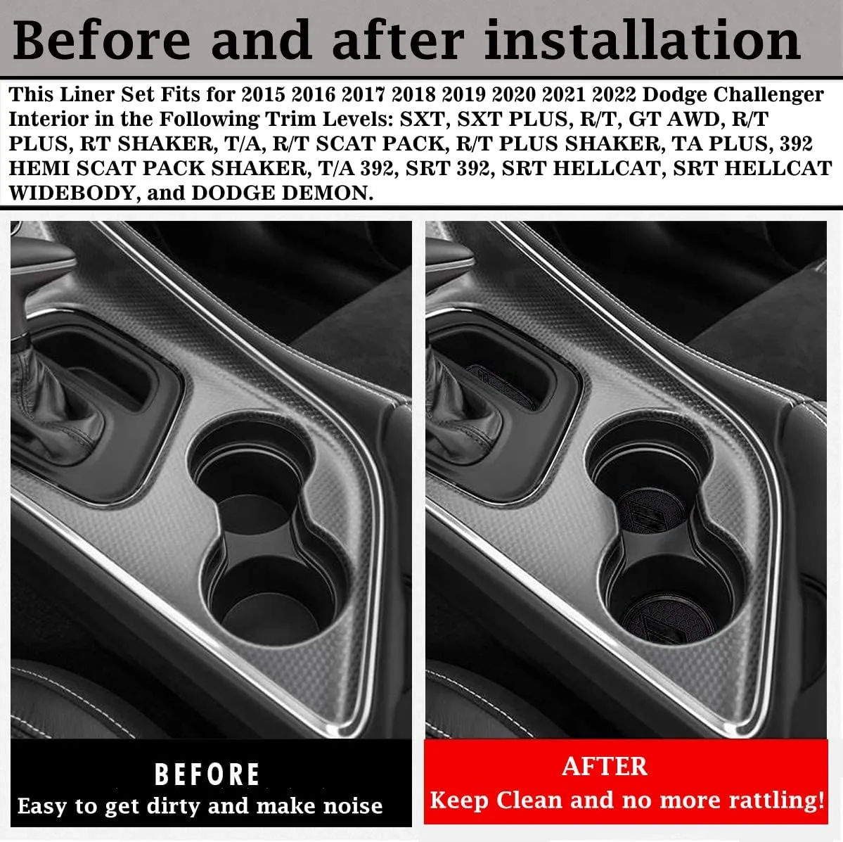Auprite Anti Dust Mats for Dodge Challenger Accessories 2015 2016 2017 2018 2019 2020 2021 2022 2023,Custom Fits Cup Holder Liners Mats Door Pocket Center Console Liners, 11pcs/kit (Black)