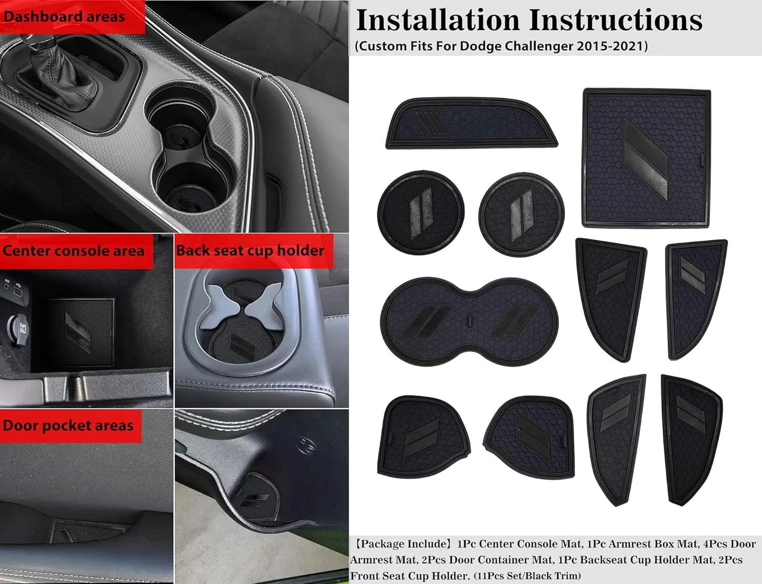 Auprite Anti Dust Mats for Dodge Challenger Accessories 2015 2016 2017 2018 2019 2020 2021 2022 2023,Custom Fits Cup Holder Liners Mats Door Pocket Center Console Liners, 11pcs/kit (Black)
