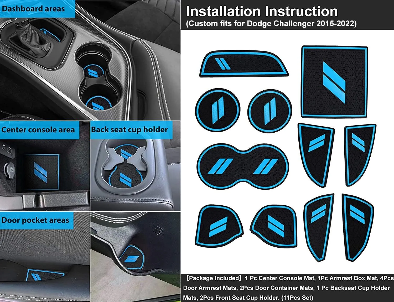 Auprite Anti Dust Mats for Dodge Challenger Accessories 2015 2016 2017 2018 2019 2020 2021 2022 2023,Custom Fits Cup Holder Liners Mats Door Pocket Center Console Liners, 11pcs/kit (Blue)